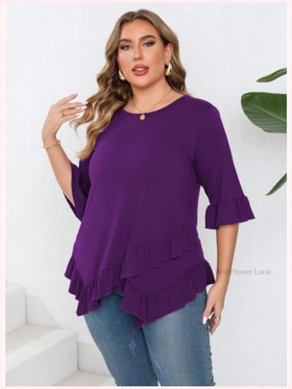 Women's Plus Size Ruffle Hem Tunic Top 3/4 Bell Sleeve Crew Neck Flowy Blouse - Picture 6 of 7